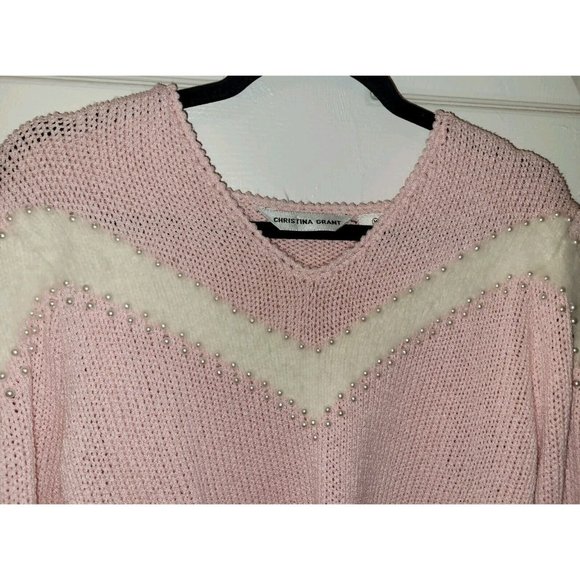Pink Christina Grant Vintage Angora M Pull Over Sweater Pearls Angora Trim - Picture 5 of 6